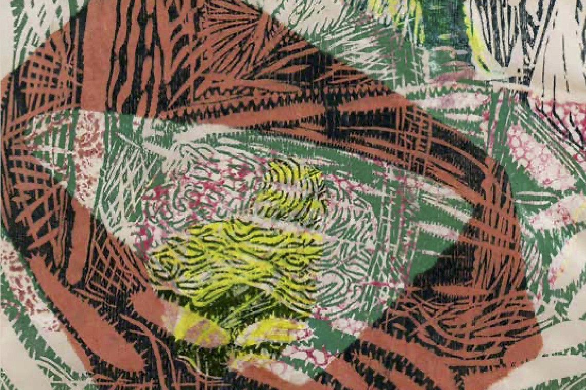 New Spring Growth II, detail Each New Spring Growth woodblock print is rendered as a unique mono print through the application of chine collé and subsequent overlays of printed chine collé. Framed in Australian Walnut under non UV and non reflective