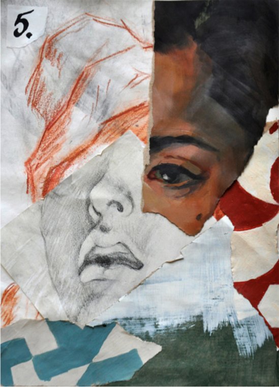 Portrait Study no.5, 2014. Acrylic, sanguine crayon and pencil on paper, collage, 45 x 38.5 cm