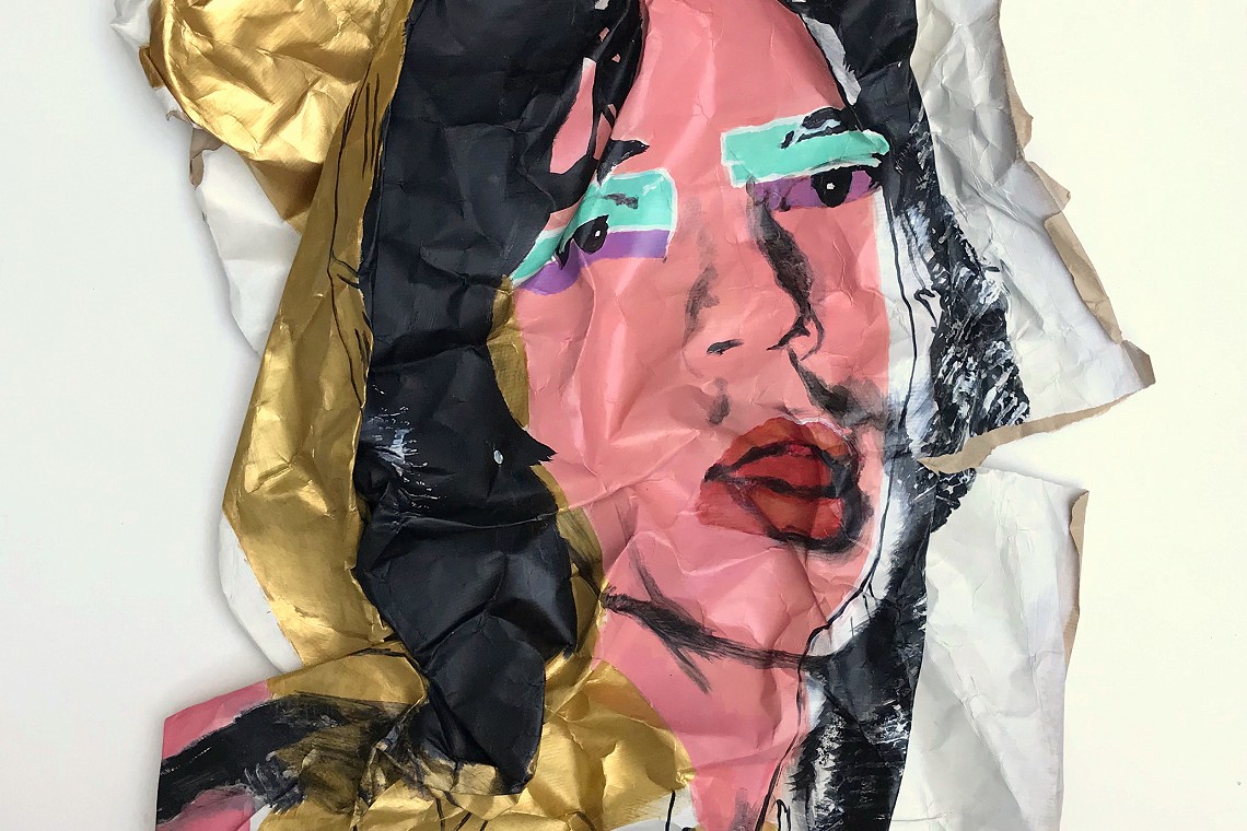 Mick Jagger (after Warhol), 2009. Acrylic on laminated brown paper, white box frame with non-reflective museum glass, 120 x 88 x 7 cm.