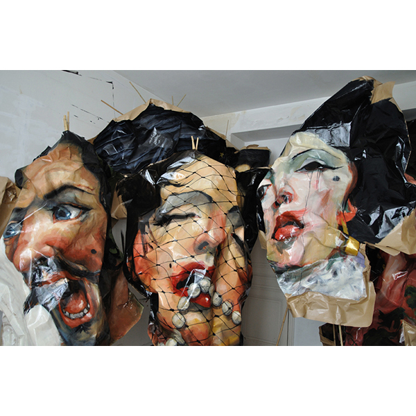 Wrath, Lust and Pride (from 7 deadly sins), 2011. Acrylic on brown paper, polyurethane, bamboo, dimensions variable (each element, 230 cm height approx.)
